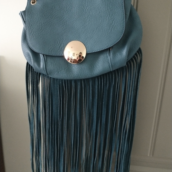 Vieta Fringed Blue Pebbled Leather Crossbody Purse with leather fringe - Picture 10 of 13